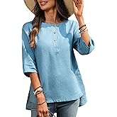 vinglam Women's Linen Henley Shirts 100% Linen Elbow Sleeve Crew Neck Slit Hem Tunics Blouse Top