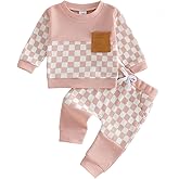allshope Toddler Baby Girl Fall Outfit Checkerboard Patchwork Long Sleeve Sweatshirt Elastic Waist Pants Newborn Clothes Set