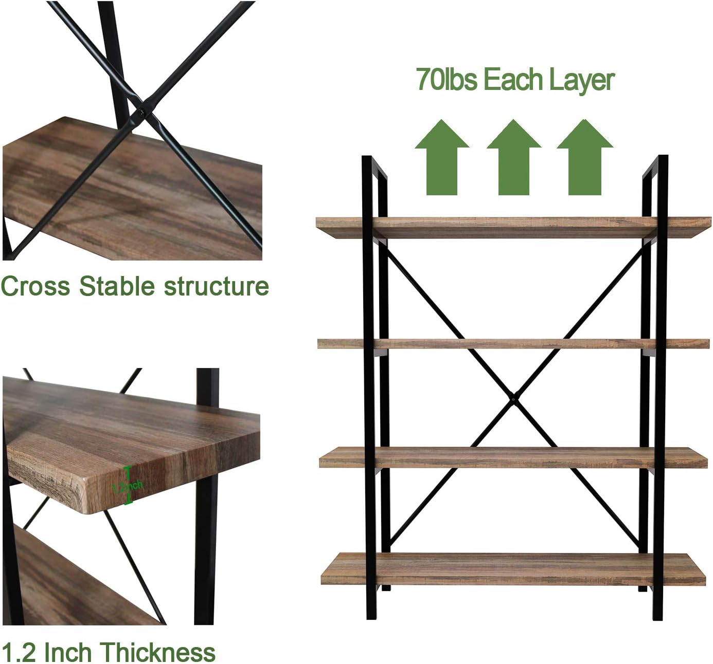45MinST 4-Tier Vintage Industrial Style Bookcase/Metal and Wood Bookshelf Furniture for Collection,Vintage Brown, 3/4/5 Tier (4-Tier): Furniture & Decor