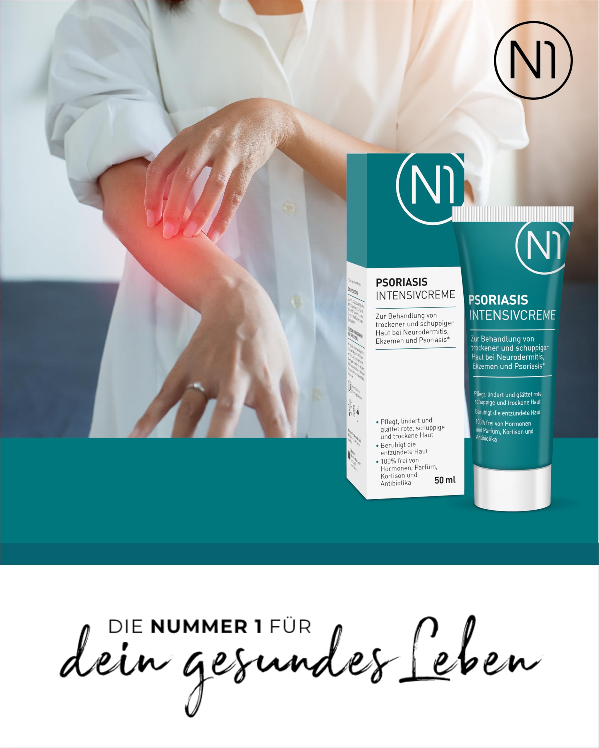 N1 Psoriasis Intensivcreme 50 ml - Schnelle Hilfe gegen starken Juckreiz - Effektiv gegen Schuppenflechte, Neurodermitis & Ekzeme - Beruhigt und lindert rote, schuppige, entzündete & trockene Haut 6