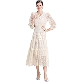 LAI MENG FIVE CATS Women's Elegant V-Neck Embroidery Puff Sleeves Button Lace Midi Dress