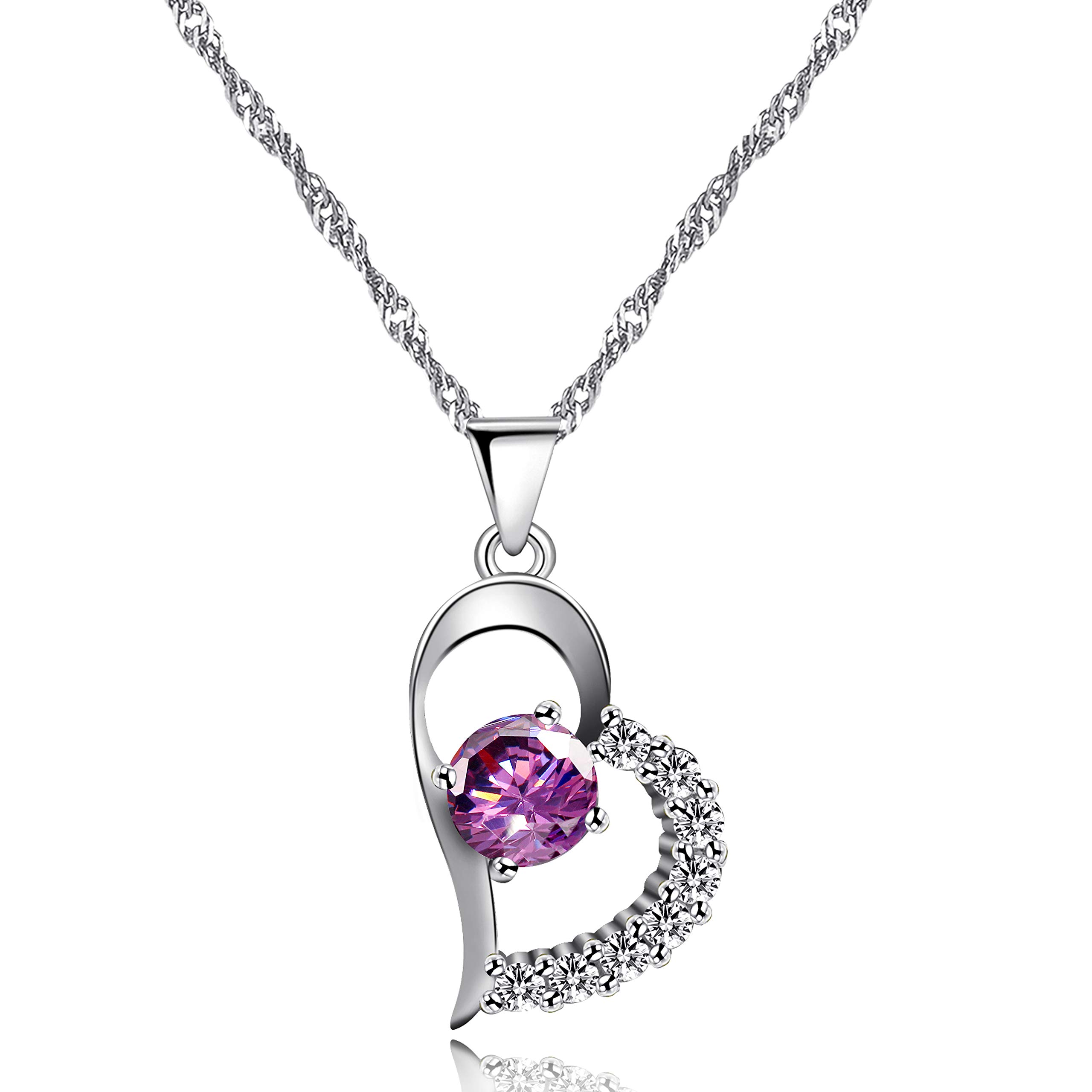 Uloveido Purple Crystal Hollow Heart Necklace Pendant for Women White Gold Plated Anniversary Birthday Gift Necklace for Girls N313
