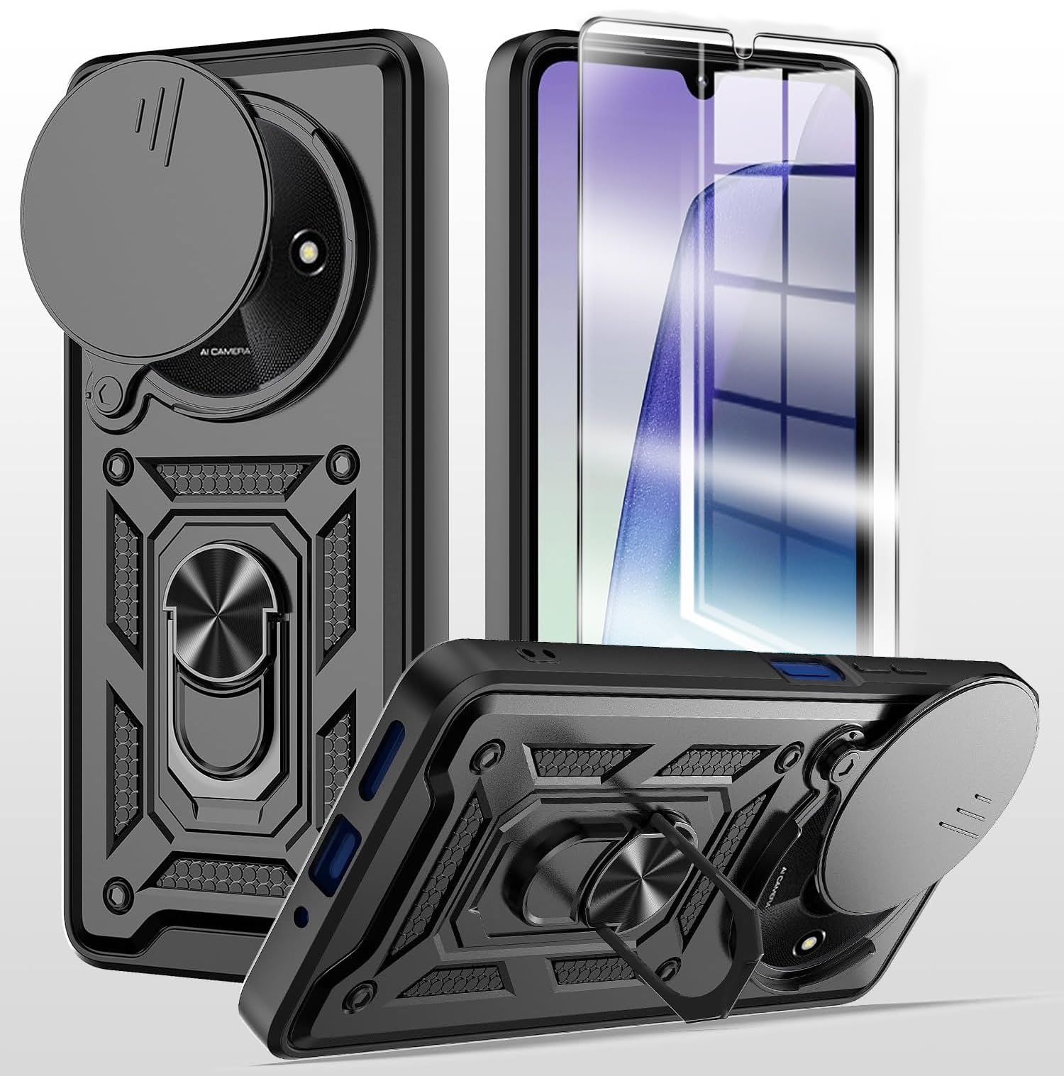 MQERYBV for Xiaomi Redmi A3 Case with Tempered Glass Screen Protector Protection Cover Shockproof Heavy Duty [Military-Grade] Rugged Phone Case with Kickstand for Xiaomi Redmi A3 (Black)