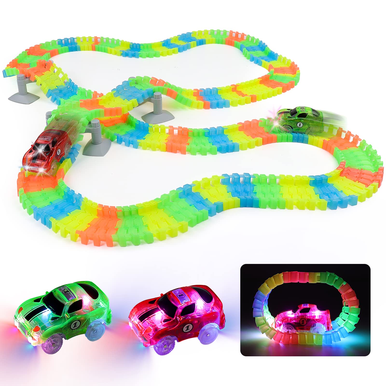 Akokie Boys Toys for 3 4 5 6 Year Old Race Car Track Super Set for Kids Easter Gifts Glow Cars Racing Tracks 240 Piece Electric Light Up Flexible Twister Tracks Toys for Toddler Boys and Girls