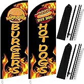Frienda 2 Sets Hot Dogs Banner and Burgers Feather Flag Pole Kits 7 ft Burgers Hot Dogs Advertising Swooper Flag with Pole Ground Stake and Portable Bags for Business Shop Restaurant Outside Ground
