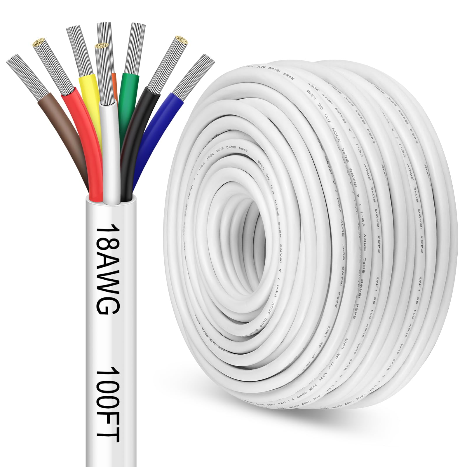 Photo 1 of 100FT 18 Gauge 8 Conductor Electrical Wire, 18AWG PVC Thermostat Wire, Low Voltage Landscape Wire for LED Lighting Strips Automotive Security Alarm Speaker, White