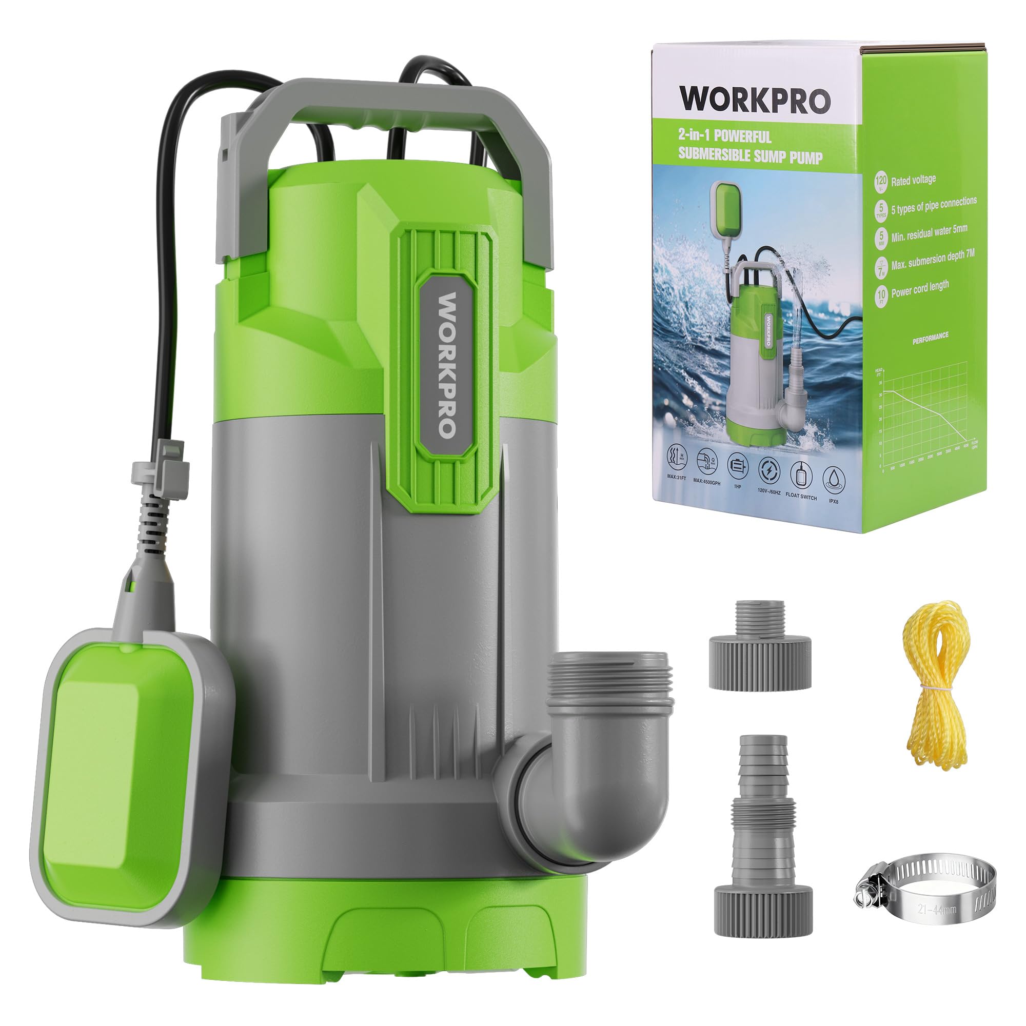 Photo 1 of ***SOLD FOR PARTS***WORKPRO Submersible Water Pump, 1HP 4500 GPH Sump Pump with Automatic Float Switch for Transferring Clean or Dirty Water, A Water Pump for Pool Draining, Flooded Basement, Pond, and Garden Irrigation