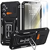 for Galaxy S24 Case with 2 PCS HD Screen Protector, Slide Camera Cover Military Grade Drop Tested 360° Rotating Ring Kickstand, Shockproof Heavy Duty Protection for Samsung Galaxy S24 Case, Black