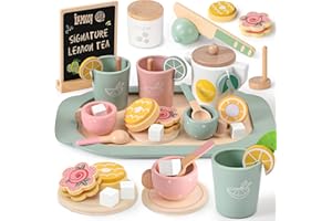Toyssa Wooden Tea Party Set for Little Girls Toys Toddler Tea Set with Play Kitchen Accessories & Lemonade Stand & Black Board, Wooden Toys for Toddlers Aged 2 3 4 5 6, Birthday Kids Girls Gifts 3+