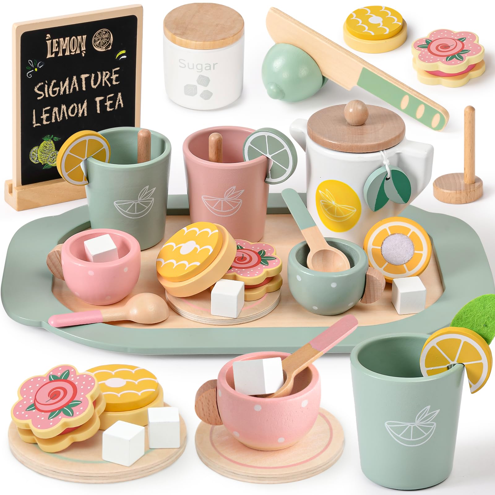 Photo 1 of Toyssa Wooden Tea Party Set for Little Girls Toys Toddler Tea Set with Play Kitchen Accessories & Lemonade Stand & Black Board, Wooden Toys for Toddlers Aged 2 3 4 5 6, Birthday Kids Girls Gifts 3+