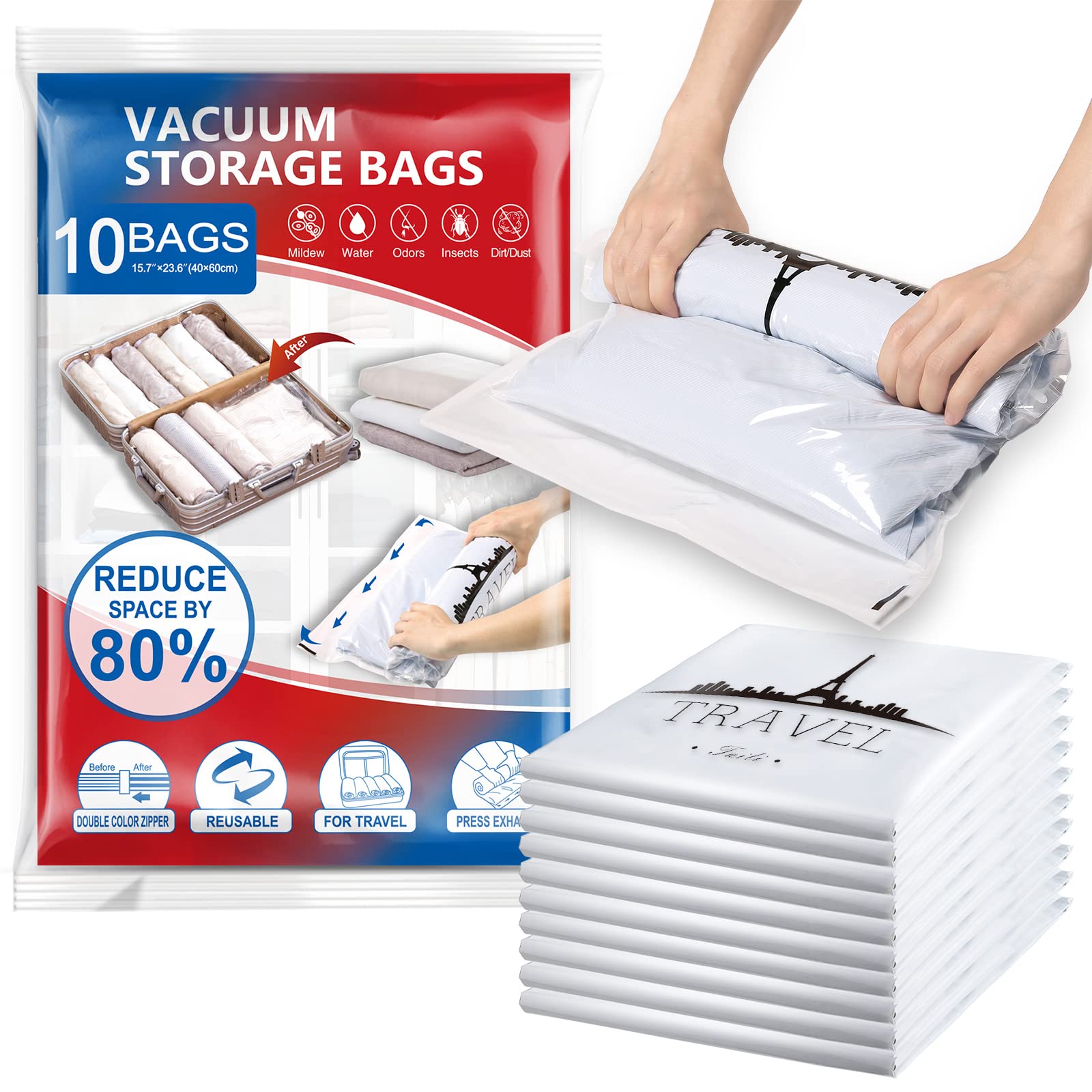 TAILI Small Vacuum Bags for Clothes Travel Vacuum Storage Bags 10 Pack (40 X 60CM) Reusable Saves 80% of Storage Space Saver for Clothes, Bedding, Travel, Moving