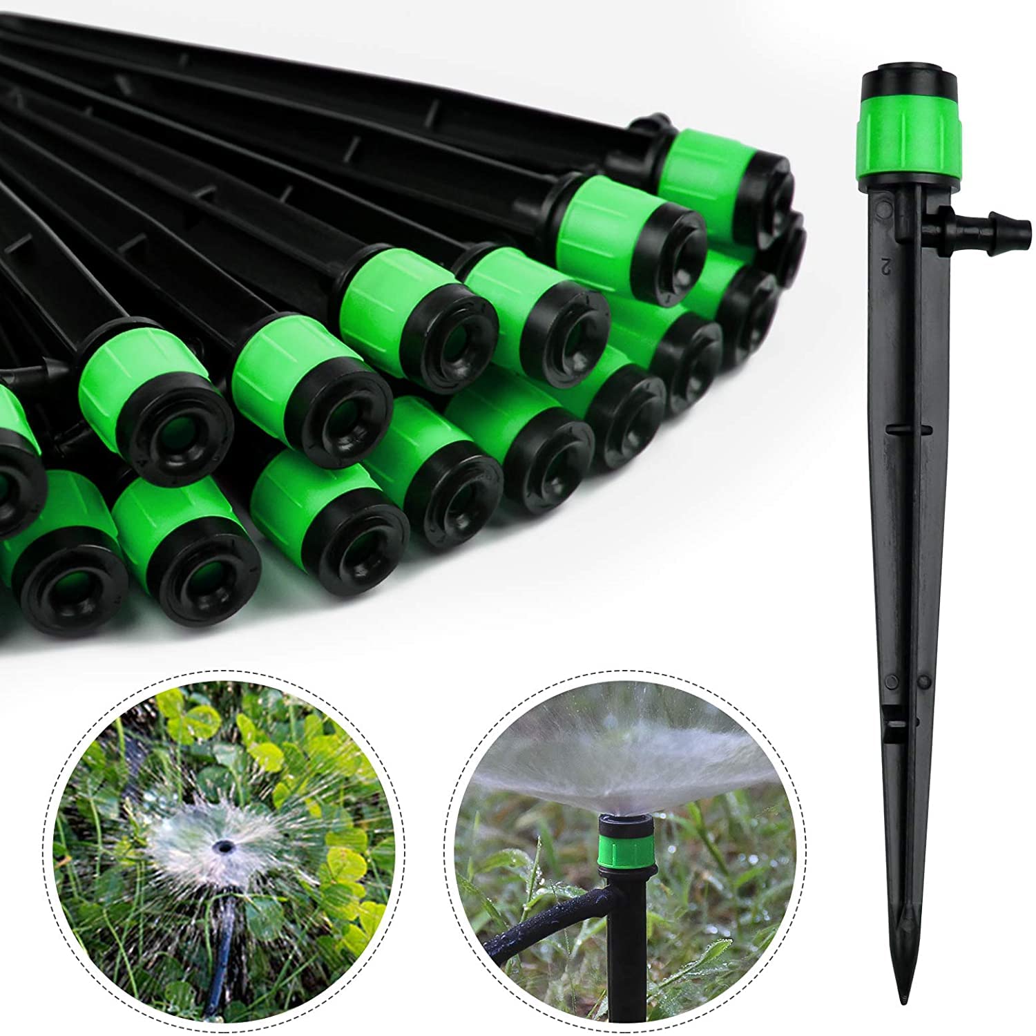 Kalolary 100pcs Irrigation Drippers Drip Emitters, 360 Degree Adjustable Irrigation Drip Drippers Fits 1/4 (4-6mm) Irrigation Tube, for Water Flow Irrigation System (Green)