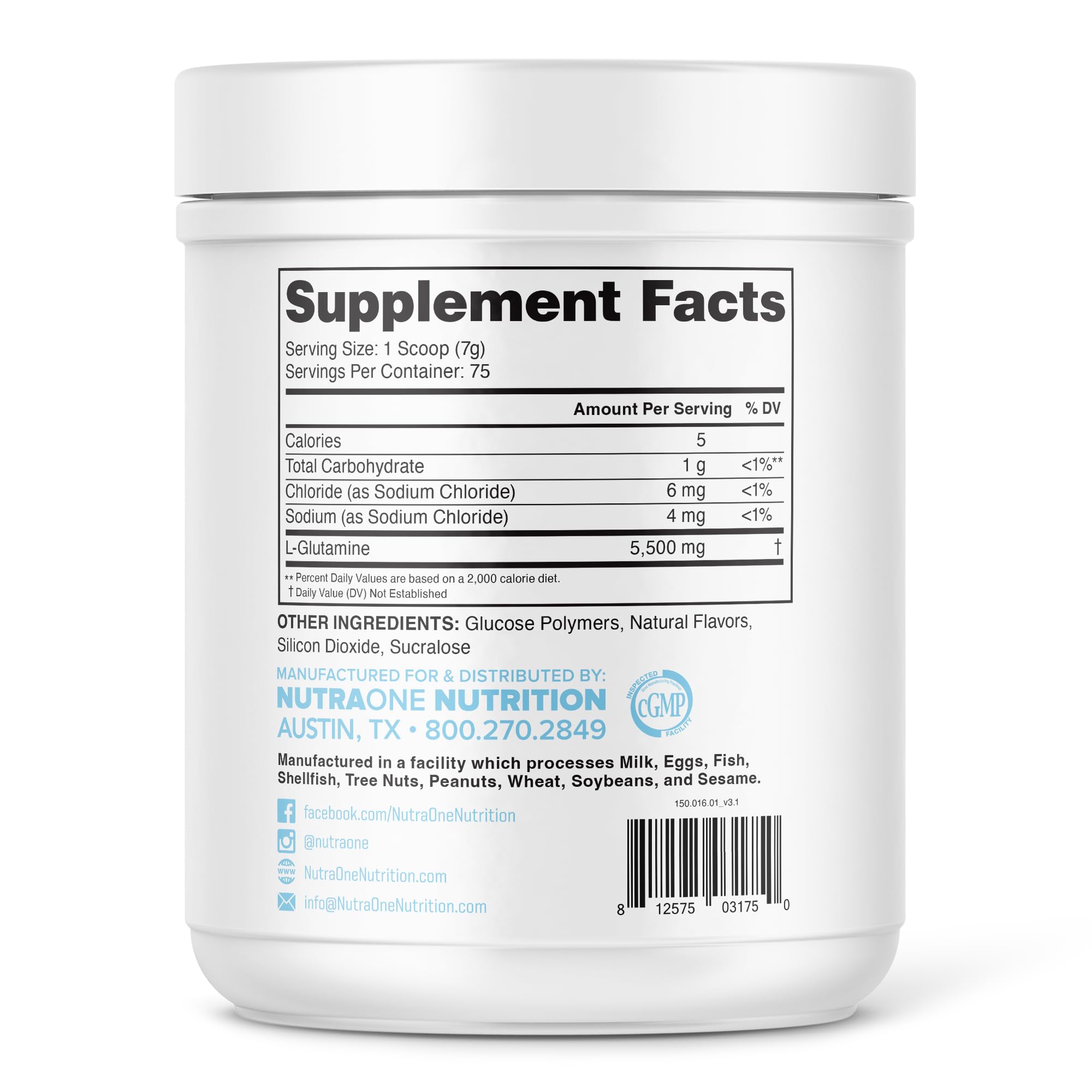 NutraOne GlutaOne L-Glutamine Powder Post Workout Recovery Supplement (75 Servings)