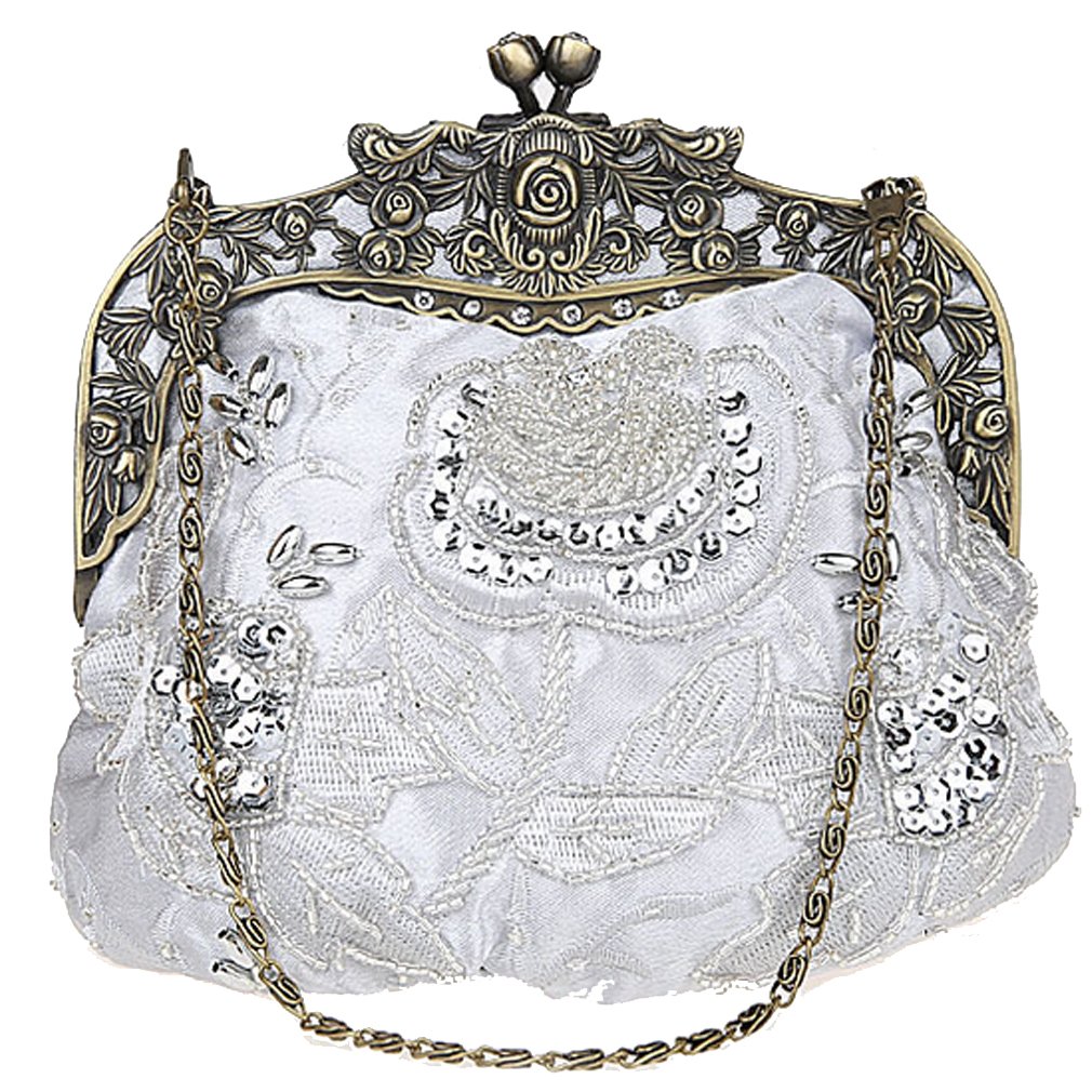 Belsen Women's Vintage Beaded Sequin Flower Evening Handbags (Silver)