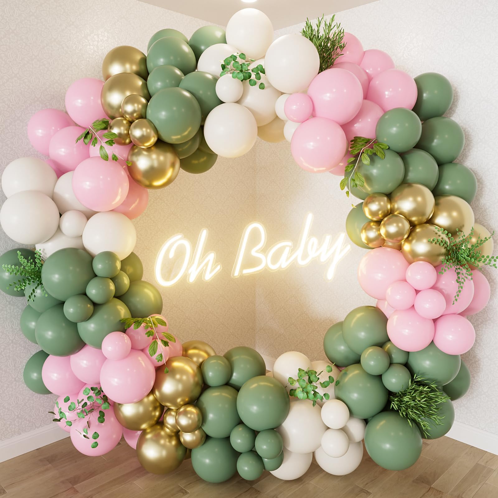 132Pcs Sage Green and Pink Balloon Arch Kit,Sage Green Pink Balloon Garland Arch Kit with Sand White Olive Green Pink Gold Balloons for Baby Shower Decoration,Birthday Party,Jungle Safari Party Decor — image 1