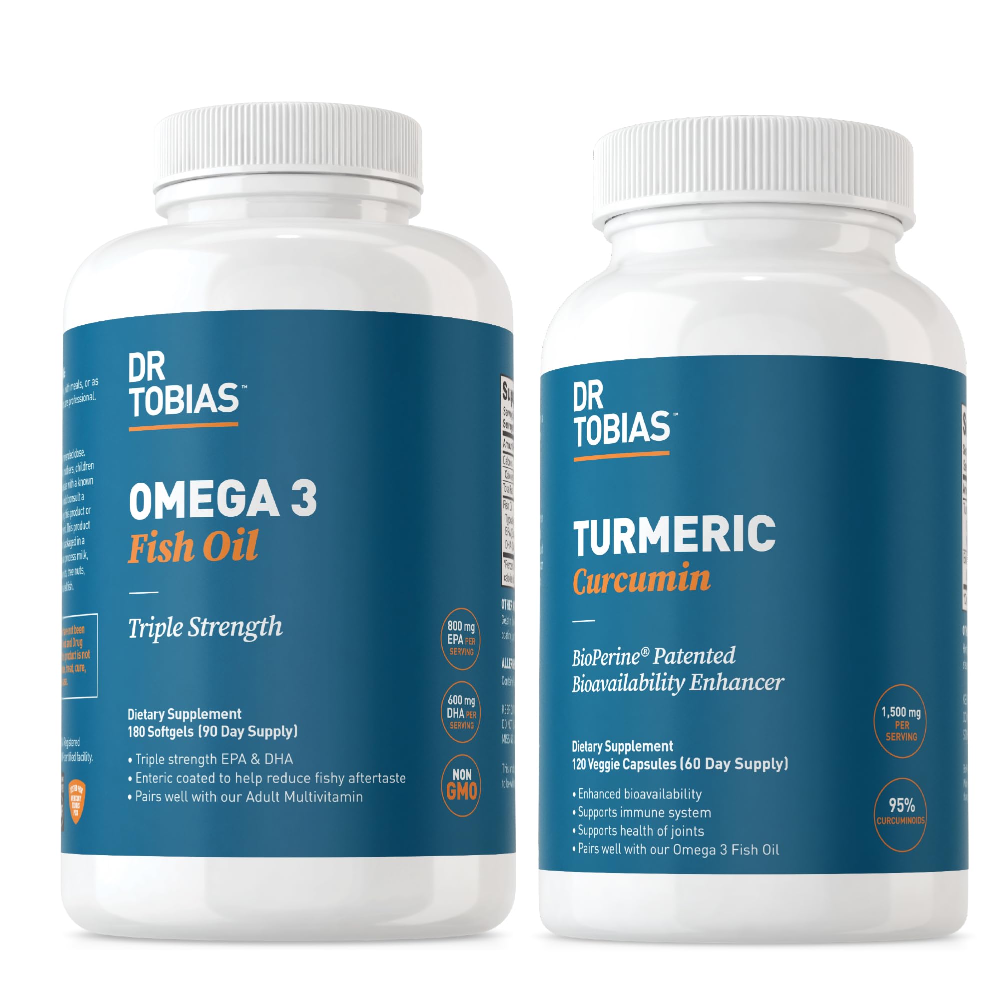 Dr. Tobias Omega 3 Fish Oil, 2000mg, and Turmeric Curcumin, 95% Curcuminoids, Promotes Overall Health with Antioxidant Support