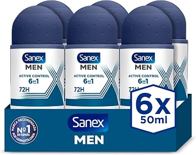 Sanex Men Desodorizante Controle Ativo Roll-On para Homens, Pack 6 Uds x 50 ml, Proteção 48H, Antitranspirante, Anti Irritação, 0% Álcool, Combate o Mau Odor, Longa Duração