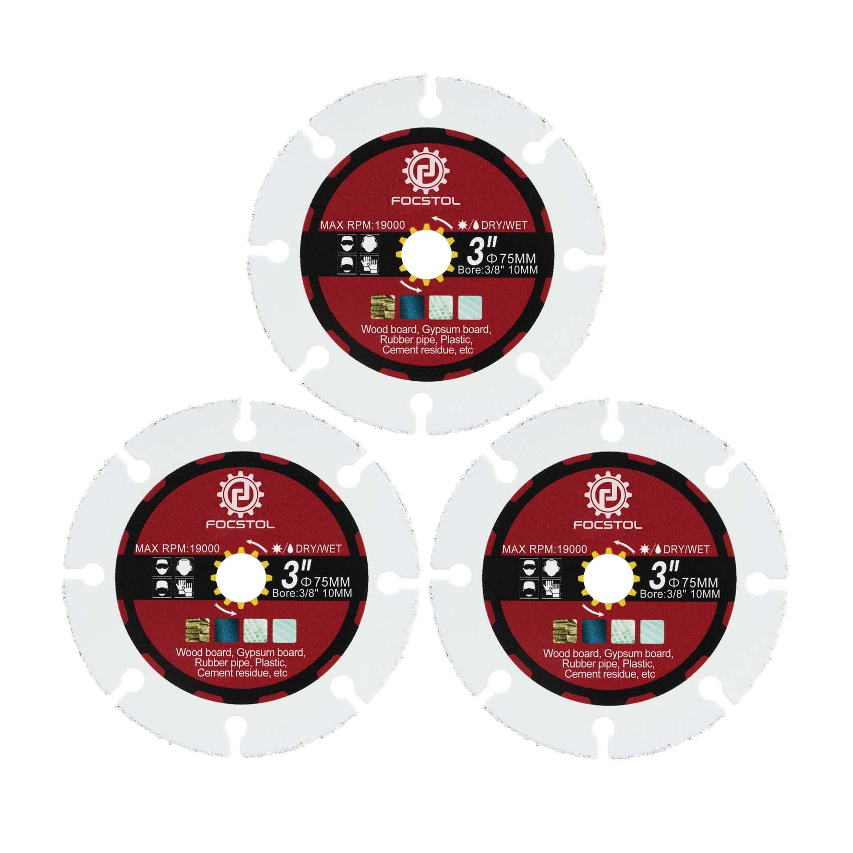 FOCSTOL Carbide Wood Cutting Disc - 3pcs 75mm Vacuum Brazed Saw Blade for Wood Rubber Plastic for Angle Grinder Arbor 10mm