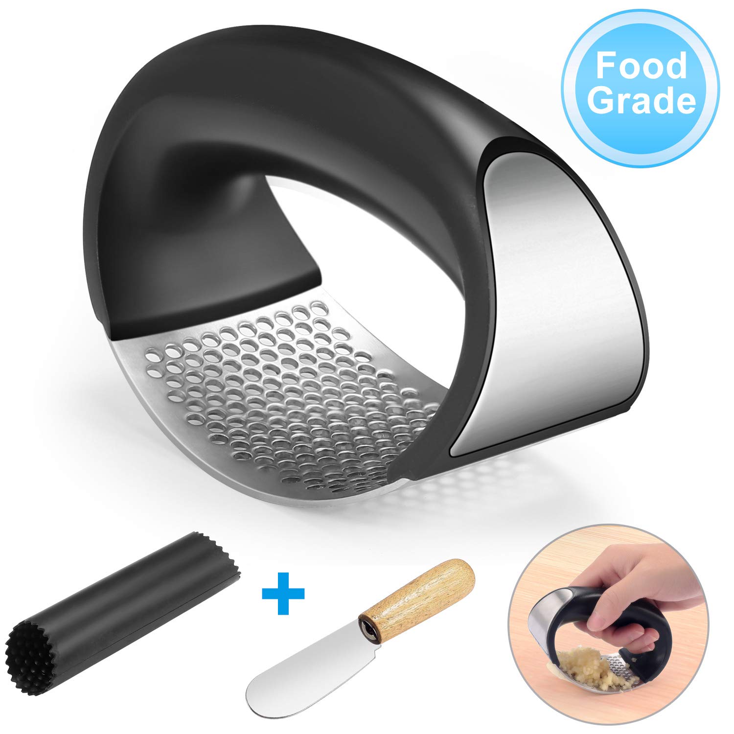 FCNEHLM Garlic Press Stainless Steel - Garlic Mincer Rocker with Peeler Set, Professional Grade Kitchen Gadgets, Dishwasher safe, Rustproof