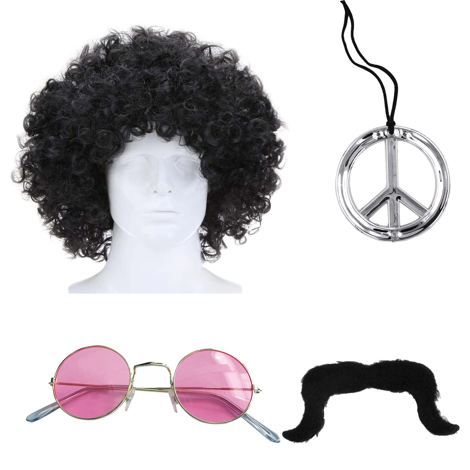 4Pcs Hippie Costume Men Accessories - Afro Wig, Moustache, Peace Sign Necklace & Sunglasses - 50/60/70S Fancy Dress