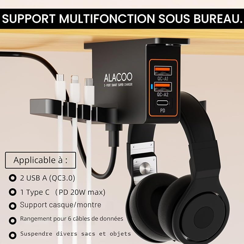 Support double pour casque intelligent et casque avec fonction de charge USB à 3 ports (20 W PD & QC3.0) pour sous le bureau, support autocollant pour casque de jeu