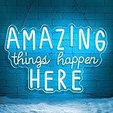 Sneignon Amazing Things Happen Here Neon Sign – LED Neon Wall Decor with USB Power & Dimmable Brightness, Motivational Neon Light Sign for Bedroom,Office,Classroom,Inspirational Room Decor