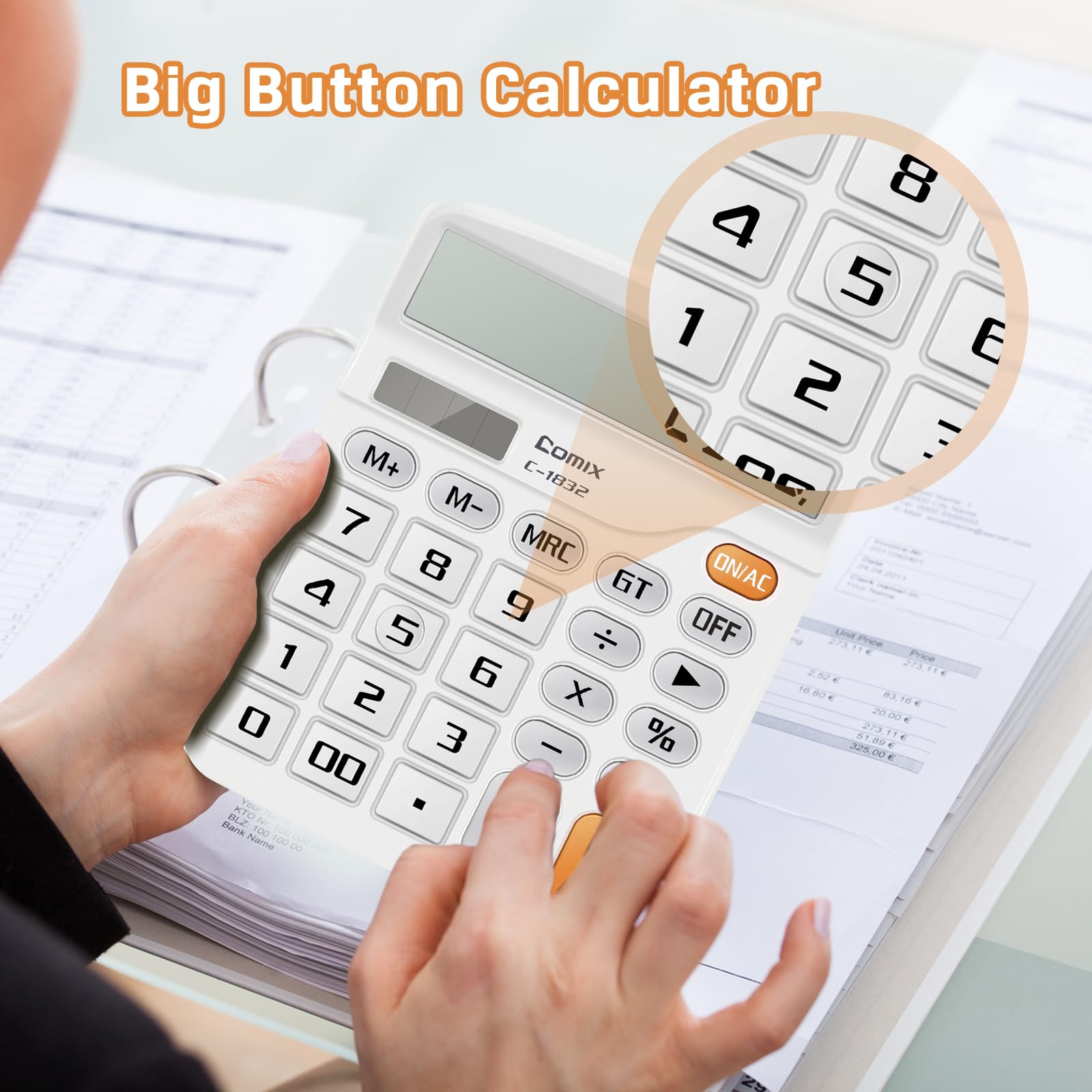 Comix Desktop Calculator 12 Digit with Large LCD Display and Big Button, 12 Digits Baisc Calculator, Solar Battery Dual Powered, for Office Home School C-1832(White)