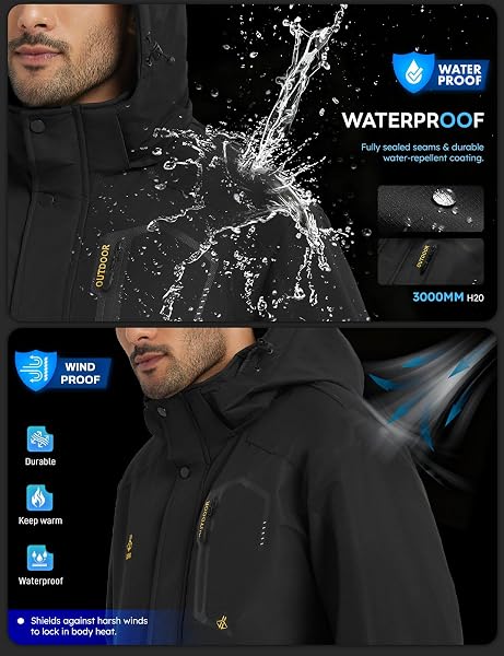 ASPO MEN’S WATERPROOF SKI JACKET WINTER WARM SNOW COAT FLEECE LINED SNOWBOARD HOODED MOUNTAIN WINDBREAKER RAINCOAT HIKING BLACK XL