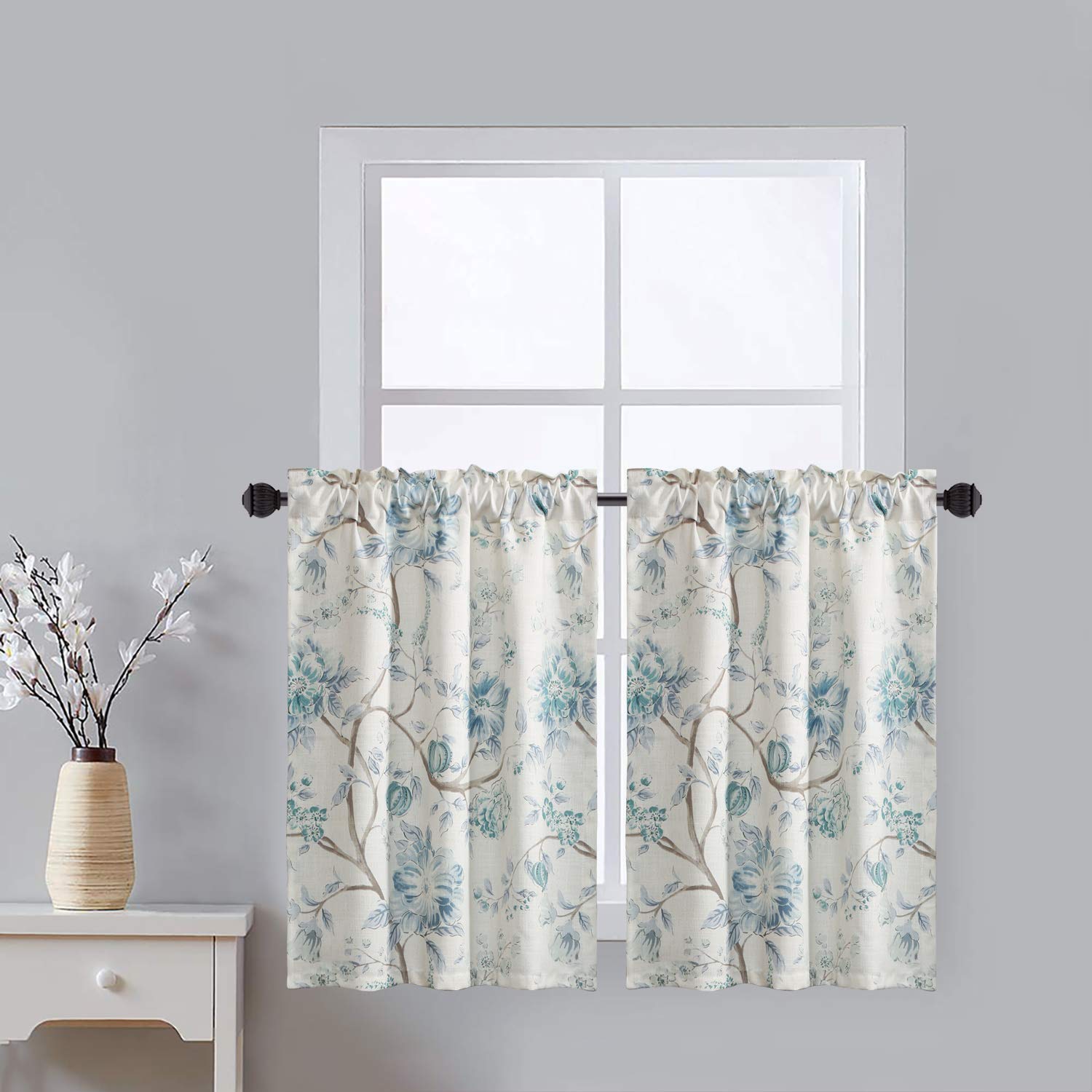 Leeva Half Window Curtains for Dining Room Bathroom, Rod Pocket Watercolor Floral and Branches Design Elegant Drapes Tiers for Guest Room Door Head, 2 Panels, 30 x 36, Blue
