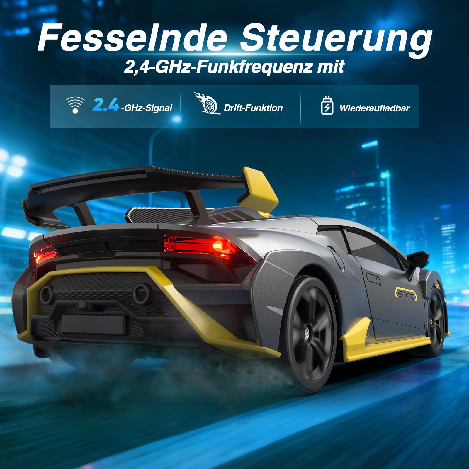 Lamborghini RC Drift Auto, 1:24 Mini 4WD Ferngesteuertes Drift Auto mit Vollproportionale Drosselklappe Und LED Leuchten, 25KM/H RC Rennen, Spielzeug Geschenke für Jungen ab 6 7 8 9 10 11 12 Jahren 4