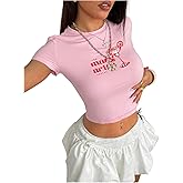 SHENHE Women's Summer Graphic Crop Tee Crew Neck Short Sleeve Funny Fitted T Shirt Top