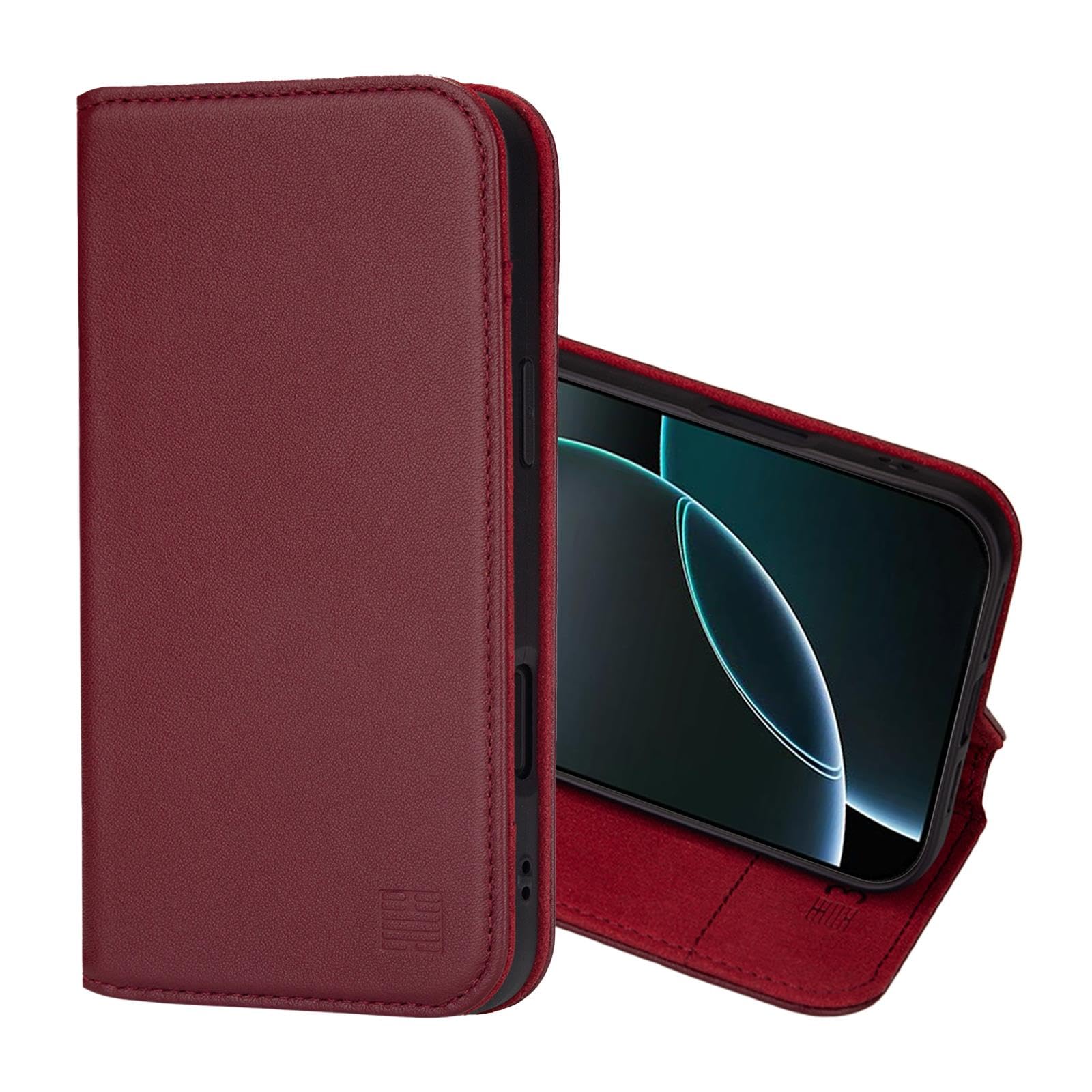 32nd Classic Series 2.0 - Real Leather Book Wallet Flip Case Cover For iPhone 16 Pro (6.3"), With RFID Blocking Card Slot, Magnetic Closure and Built In Stand - Burgundy