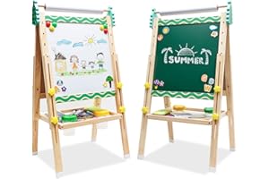 JOMIFIN Kids Easel with Paper Roll Wooden Art Easel with Chalkboard & White Board Painting Accessories Storage Tray Double-Sided Board Height Adjustable