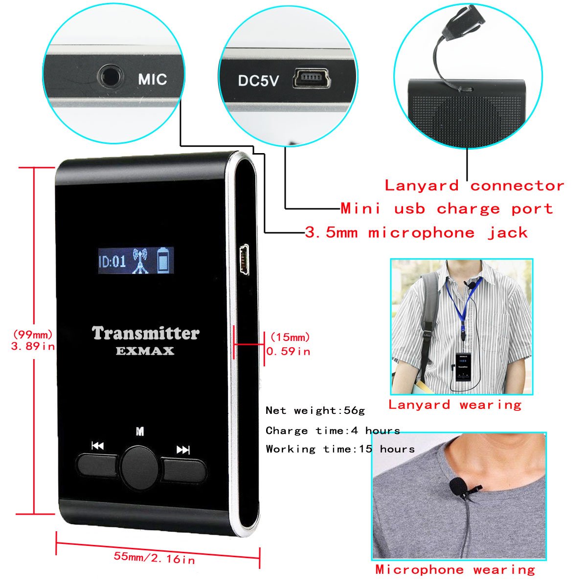 EXMAX ATG-100T 195MHz Wireless Tour Guide System Headsets Voice Transmission For Simultaneous Church Translation Translator Interpretation Equipment Teaching Conference Trip(1 Transmitter 6 Receivers)