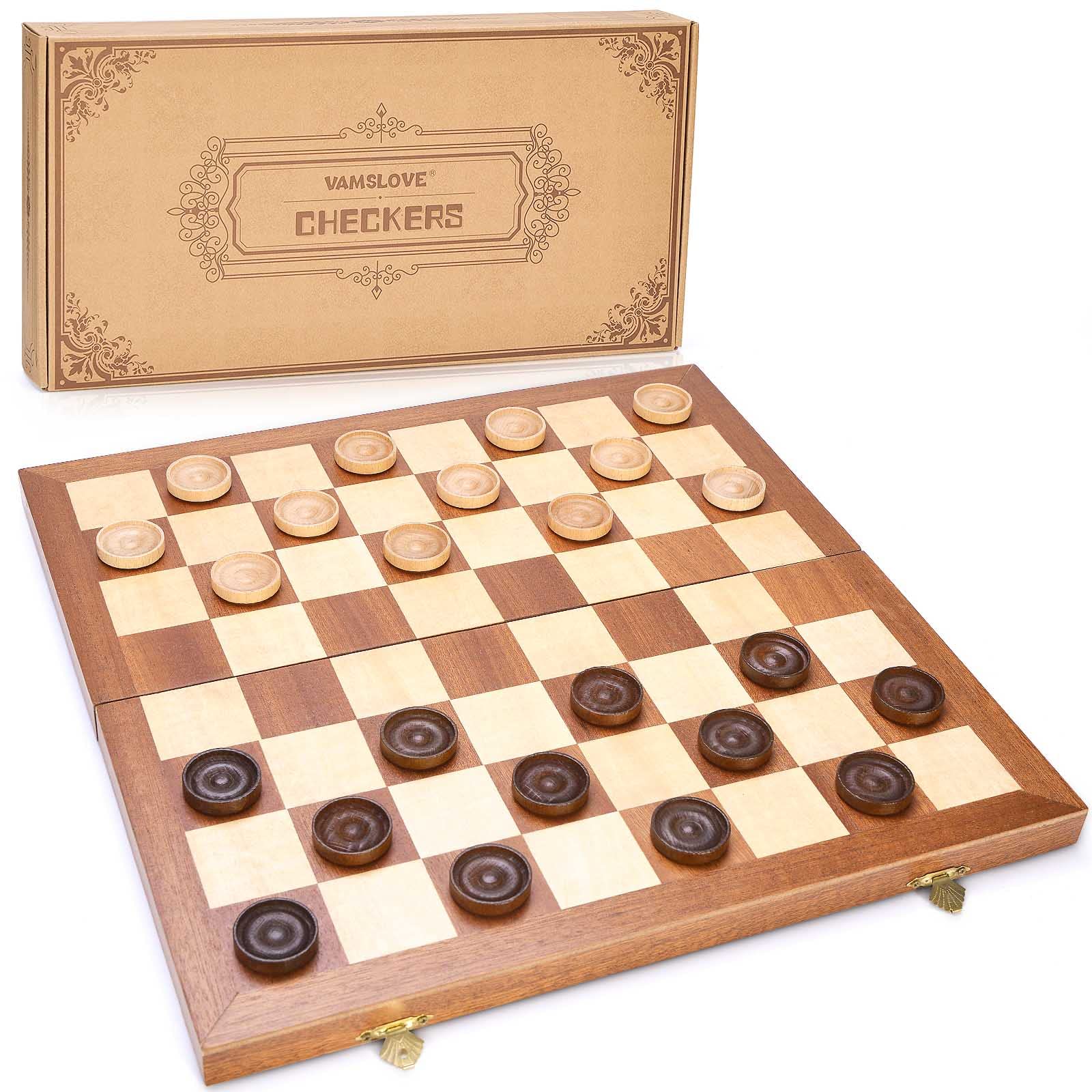 Photo 1 of VAMSLOVE 14inch Checkers Folding Wooden Game Set, 8x8 Classic Checkerboard International Checkers Draughts Board 64 Square with Pieces Storage Slots (Instructions Included)