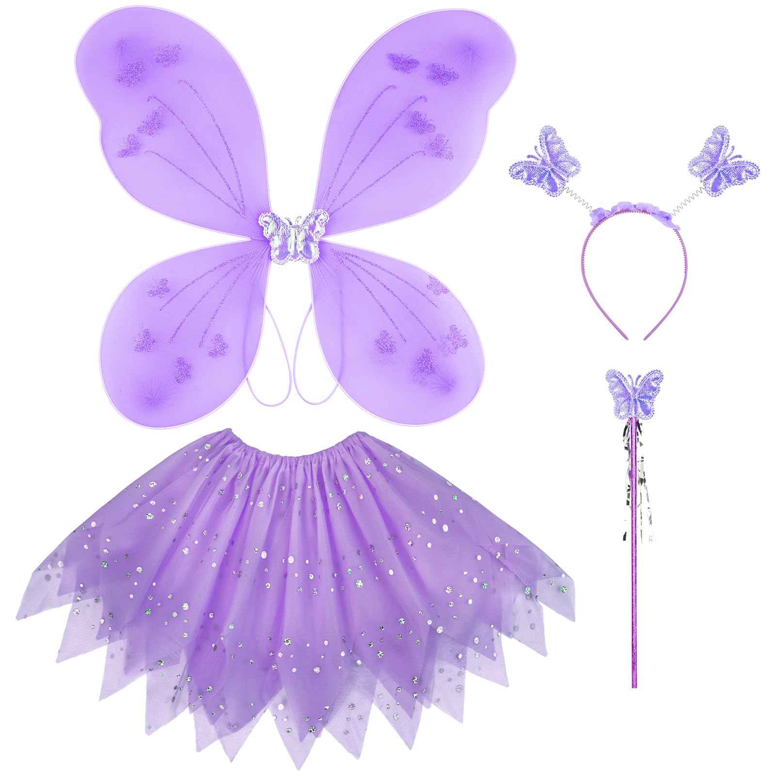 AYBUY Fairy Wings Kids Costume - Butterfly Wings with Glitter Tutu, Magic Wand and Headband, Purple Fairy Princess Skirt Set, Dressing Up Costume for Girls