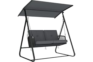Outsunny 2-Person Outdoor Patio Porch Swing with Adjustable Canopy, Rattan Hanging Swing Bench with Steel Frame and Soft Cush