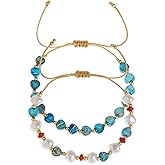 Tyebiva Valentines Day Boho Turquoise Heart Beads Pearl Stack Bracelets Set for Women, 2Pcs Handmade Dainty Gemstone Gold Adjustable Stackable Friendship Strand Bracelets Prom Jewelry Gifts.