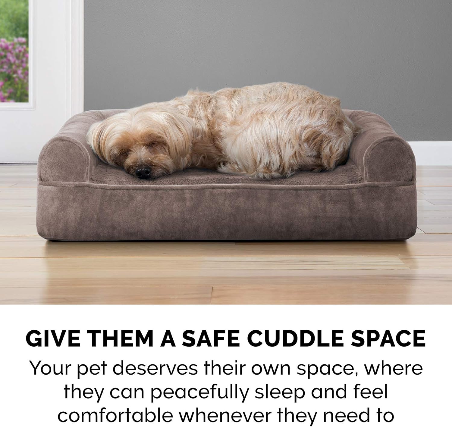 Furhaven Pet Dog Bed - Cooling Gel Memory Foam Faux Fur and Velvet Traditional Sofa-Style Living Room Couch Pet Bed with Removable Cover for Dogs and Cats, Driftwood Brown, Jumbo : Pet Supplies