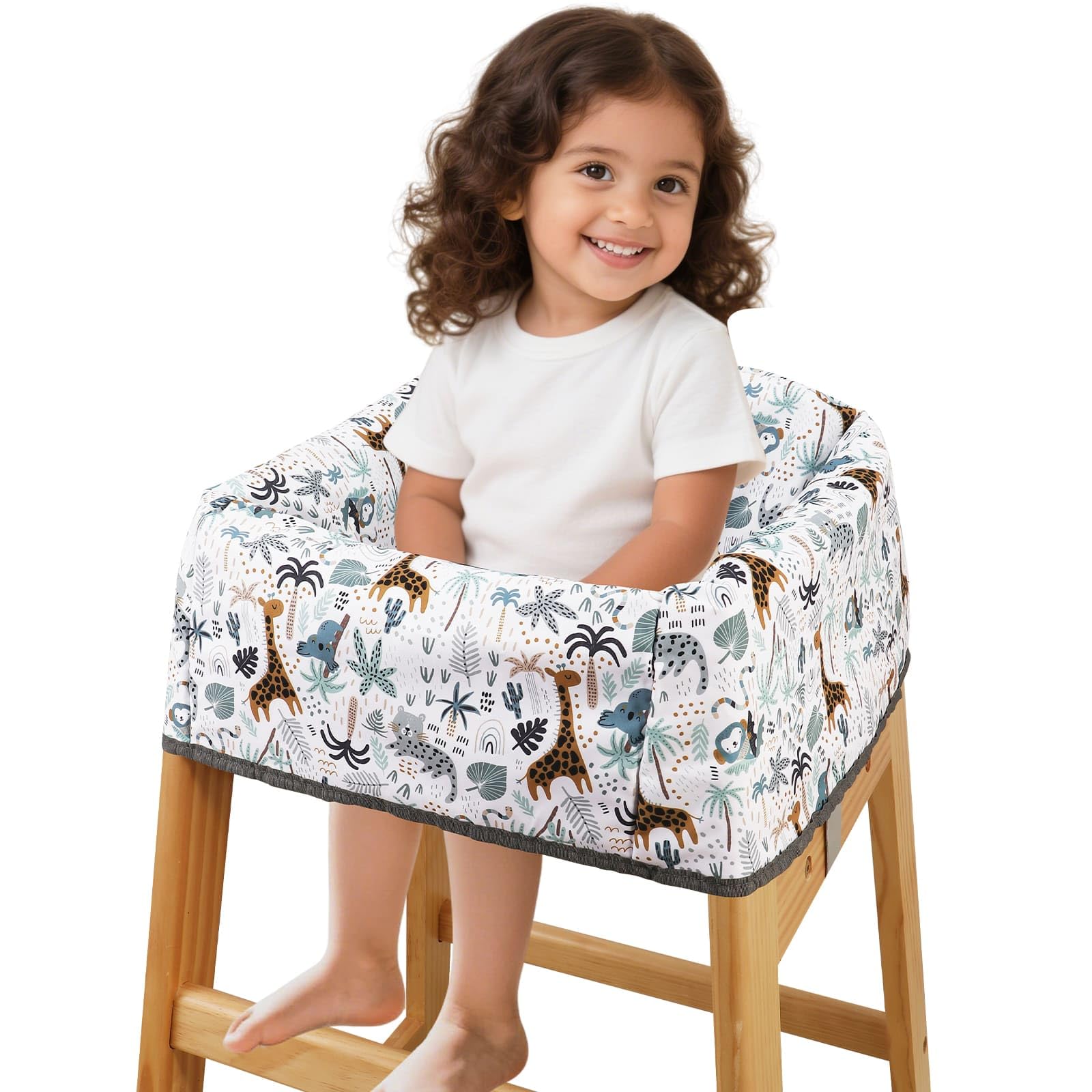 Photo 1 of Lunobubo Baby High Chair Cover Restaurant with Strap Pads & 3-Point Harness, Machine Washable, Waterproof Portable Highchair Covers for Eating, Travel, Home Use - Fits Wooden Chairs, Green Forest