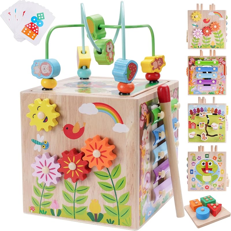 KMTJT Wooden Activity Cube Montessori Toys for 1 2 3 Year Old Toddlers