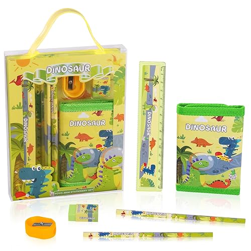Vicloon Dinosaur Stationery Set, Stationery Gift Set, Include 2pcs Pencil Case, Rulers, Eraser, Pencil Sharpener and Coin Purse, Dinosaur Stationery Sets for Girls and Boys