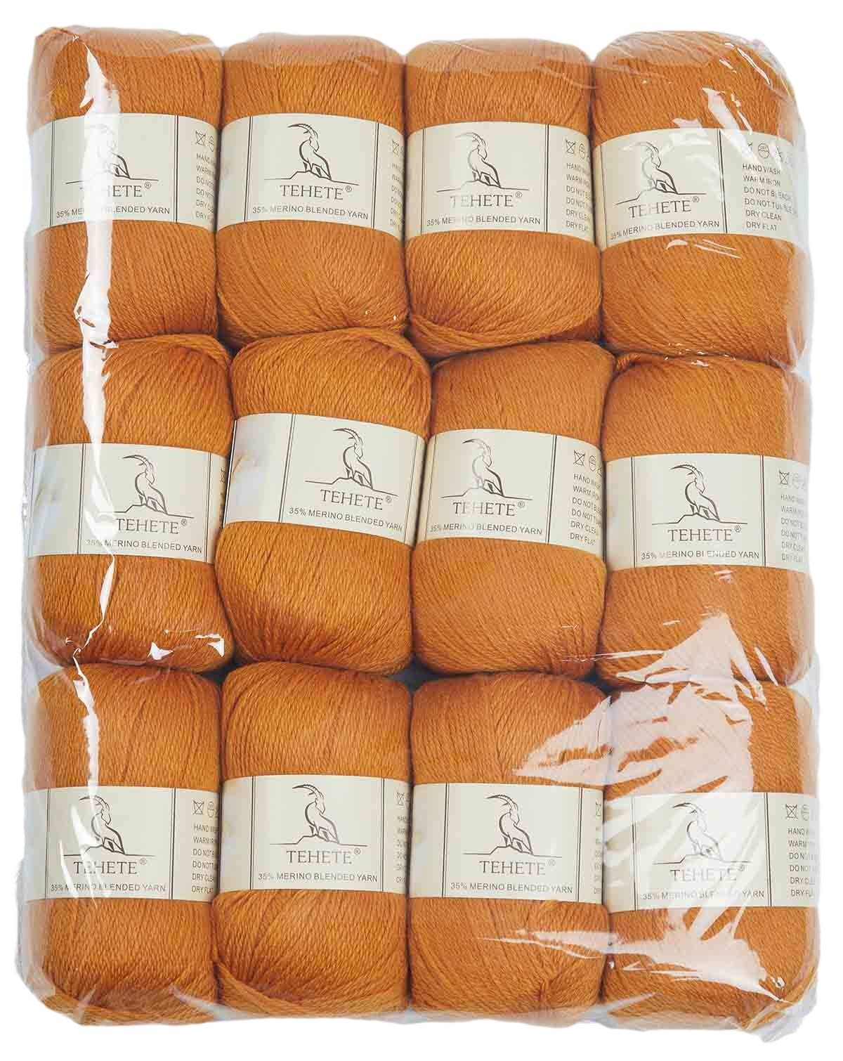 TEHETE Merino Wool Yarn for Knitting and Crochet 12x50g 35% Merino Blended Yarn 3ply Soft, Set of 12-Ginger