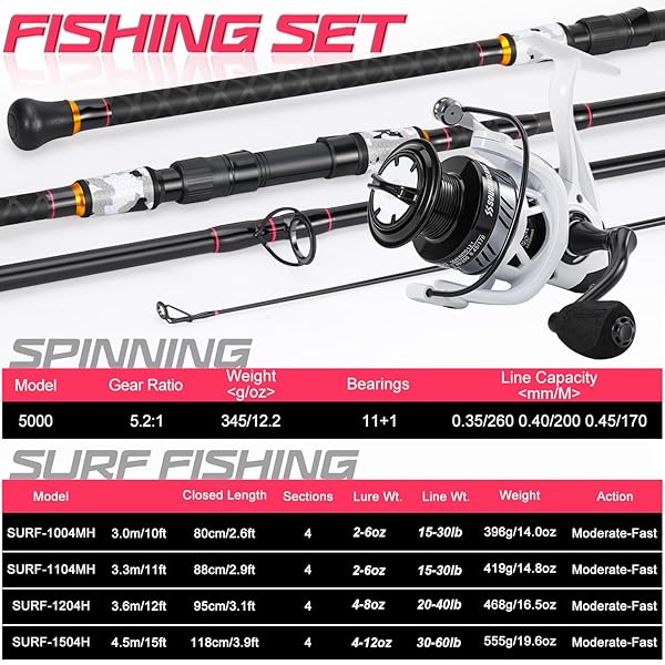SOUGAYILANG SURF FISHING ROD AND REEL COMBO, 4 PIECE MH/H SALTWATER FISHING COMBO WITH 5000 SIZE SPINNING REEL