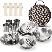 Odoland Stainless Steel Camping Dinnerware Set, Polished Cutlery Tableware Mess Kit Include Plate Bowl Cup Fork Spoon Knife w