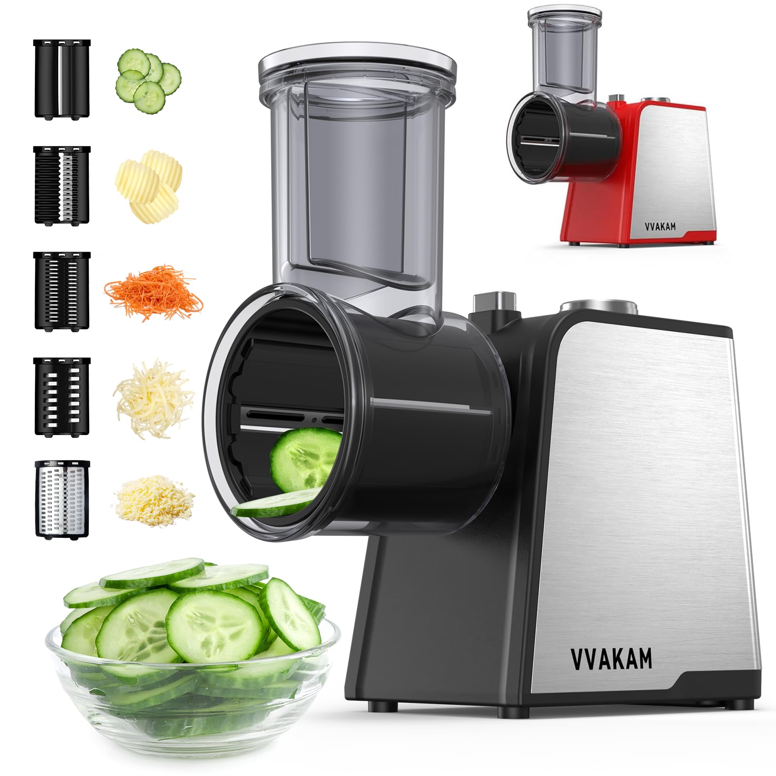 View 1 of ***MISSING PARTS***
VVAKAM Electric Cheese Grater,300W DC Motor Salad Maker,Electric Slicer Shredder with 5 Different Shapes of Blades,Electric Vegetable Cutter for Potato,Carrot,Black