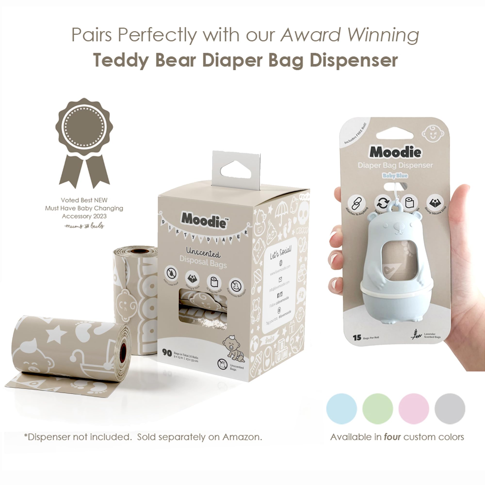 Disposable Diaper Bags (90 BAGS in TOTAL) | UNSCENTED Dirty Diaper Bags Disposable (6 Refill Rolls 9 x 13in) | Leak Proof Diaper Trash Bags on the Go | Baby Poop Bags | Travel Diaper Bags Refill