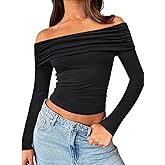Trendy Queen Women Long Sleeve Shirts Off Shoulder Tops Going Out Crop Sexy Slim Fitted Y2K Fall Outfits 2026 Fashion Clothes