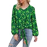 VIISHOW Womens Tie Front Knot Lartern Sleeve Loose Fit V Neck Floral Blouses Chiffon Tops Shirts