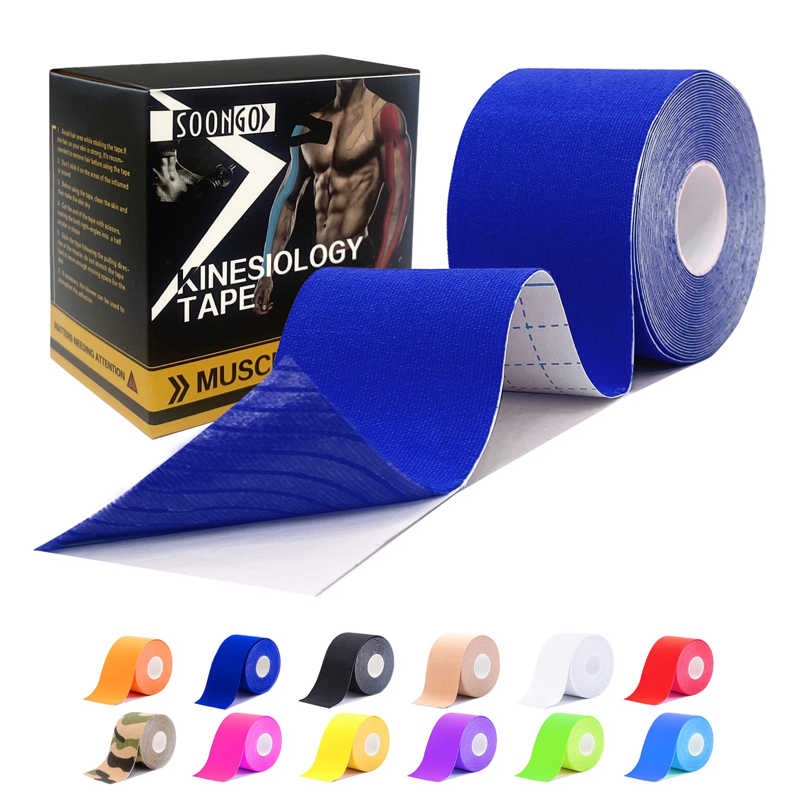 Kinesiology Tape 1/2/5 Roll Relieve Muscle Soreness and Strain Shoulders Wrists Knees Ankles Elastic Waterproof Good Air Permeability Hypoallergenic 5cm*5m By SOONGO (Dark Blue)